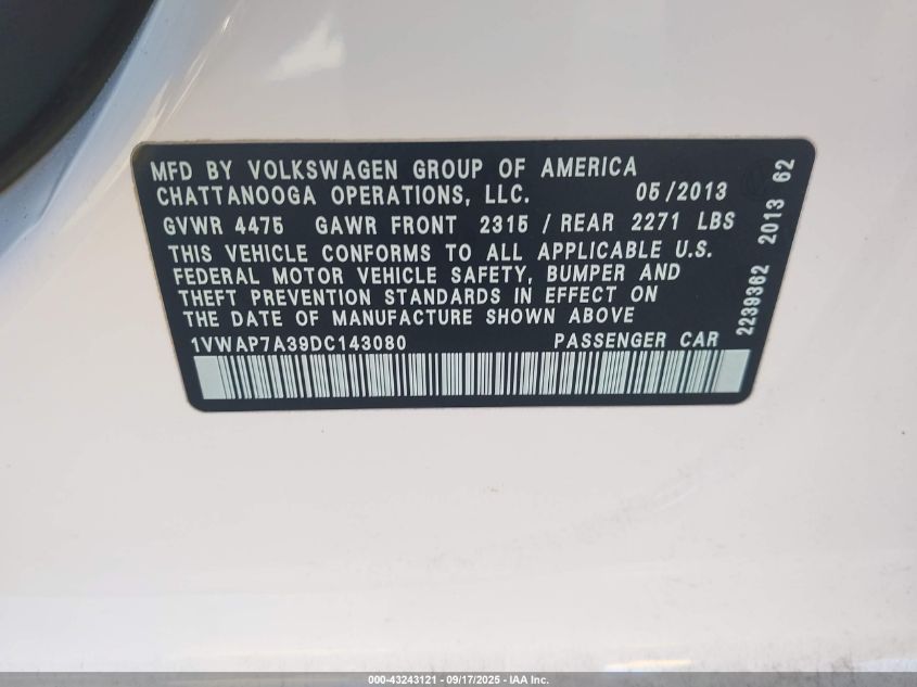 2013 Volkswagen Passat 2.5L Wolfsburg Edition VIN: 1VWAP7A39DC143080 Lot: 43243121