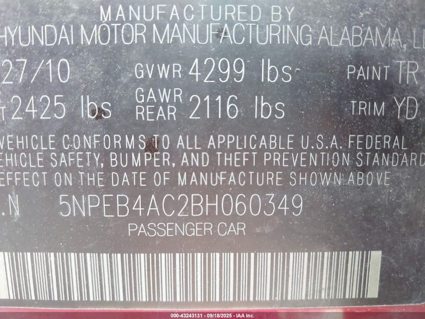 2011 Hyundai Sonata Gls VIN: 5NPEB4AC2BH060349 Lot: 43243131
