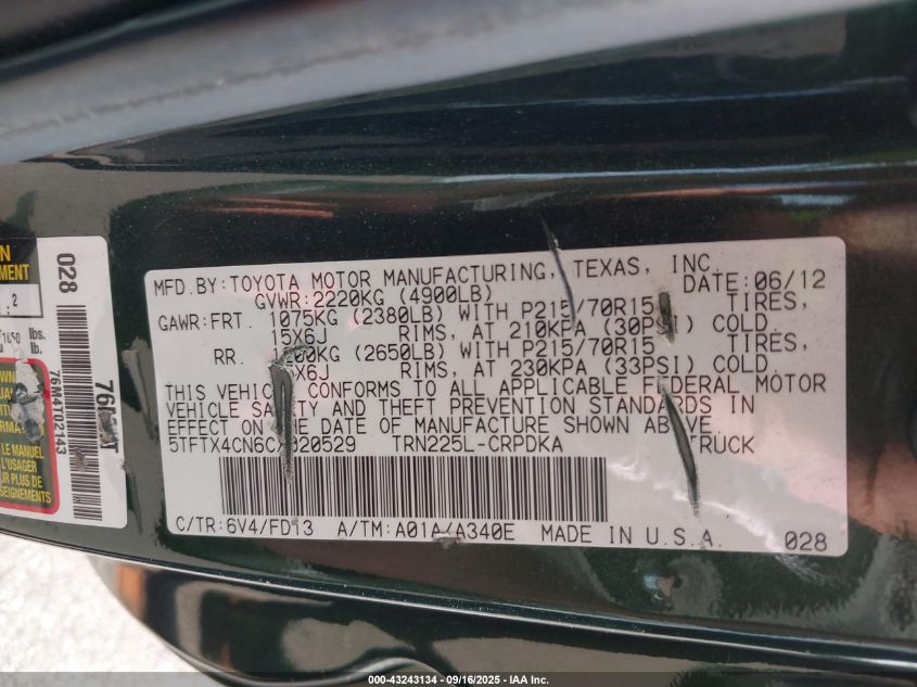 2012 Toyota Tacoma VIN: 5TFTX4CN6CX020529 Lot: 43243134