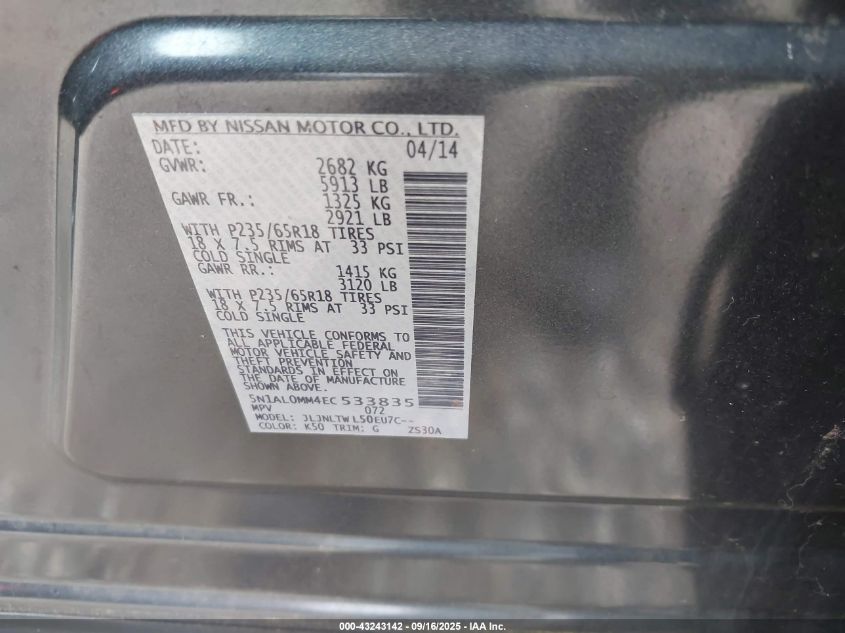 2014 Infiniti Qx60 VIN: 5N1AL0MM4EC533835 Lot: 43243142