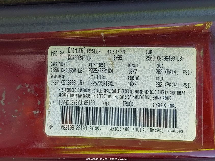 2000 Dodge Ram 1500 St VIN: 1B7HC13Y6YJ105133 Lot: 43243143