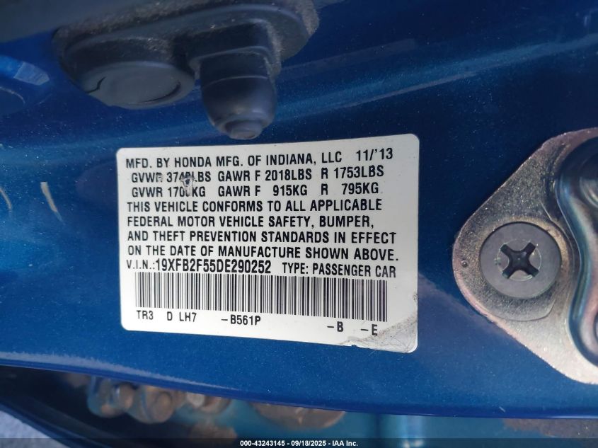 2013 Honda Civic Lx VIN: 19XFB2F55DE290252 Lot: 43243145