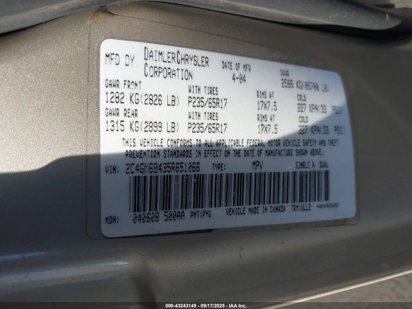 2005 Chrysler Pacifica Touring VIN: 2C4GM68435R651066 Lot: 43243149