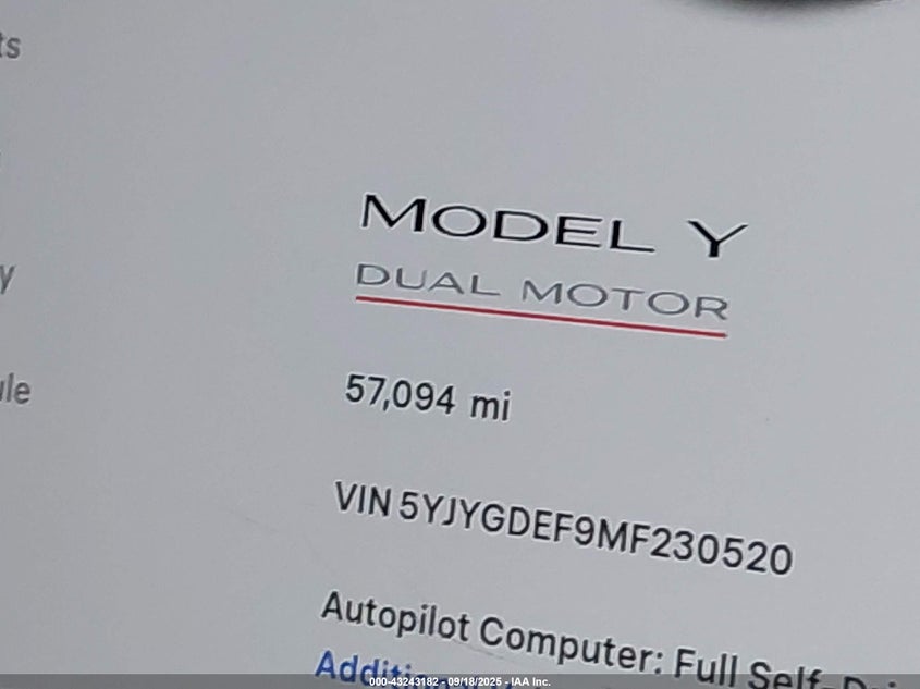 2021 Tesla Model Y Performance Dual Motor All-Wheel Drive VIN: 5YJYGDEF9MF230520 Lot: 43243182