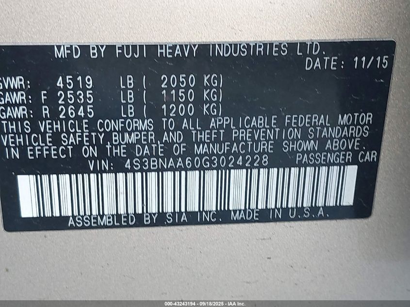 2016 Subaru Legacy 2.5I VIN: 4S3BNAA60G3024228 Lot: 43243194