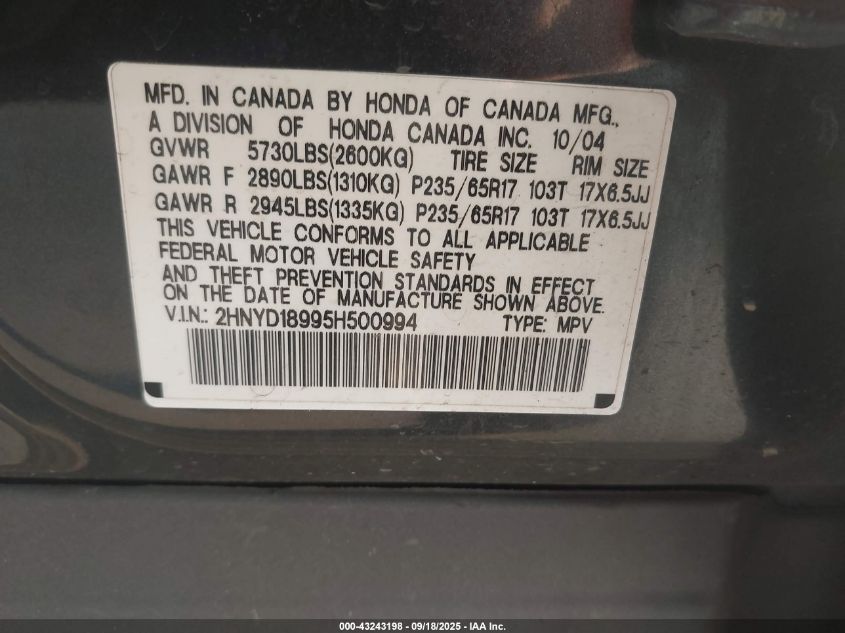 2005 Acura Mdx VIN: 2HNYD18995H500994 Lot: 43243198