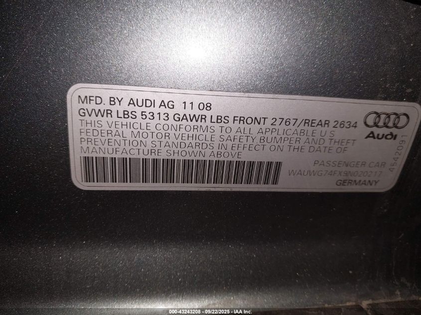2009 Audi A6 3.0 Premium VIN: WAUWG74FX9N020217 Lot: 43243208