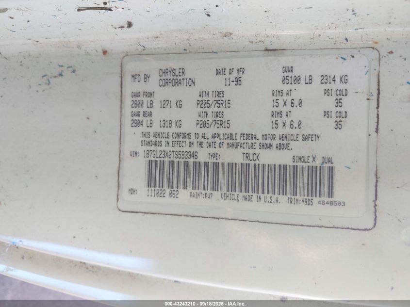 1996 Dodge Dakota VIN: 1B7GL23X2TS593346 Lot: 43243210