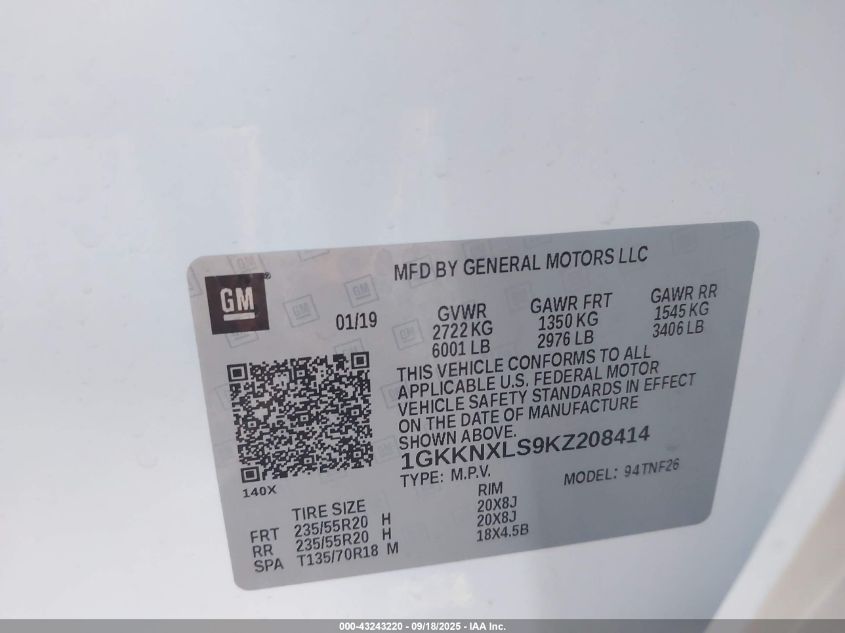 2019 GMC Acadia Denali VIN: 1GKKNXLS9KZ208414 Lot: 43243220