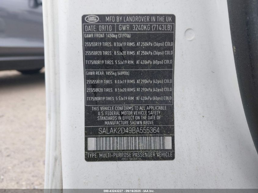 2011 Land Rover Lr4 VIN: SALAK2D49BA555364 Lot: 43243227