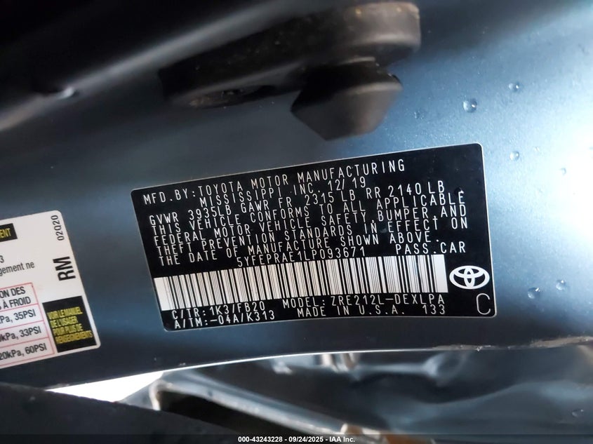 2020 TOYOTA COROLLA LE - 5YFEPRAE1LP093671