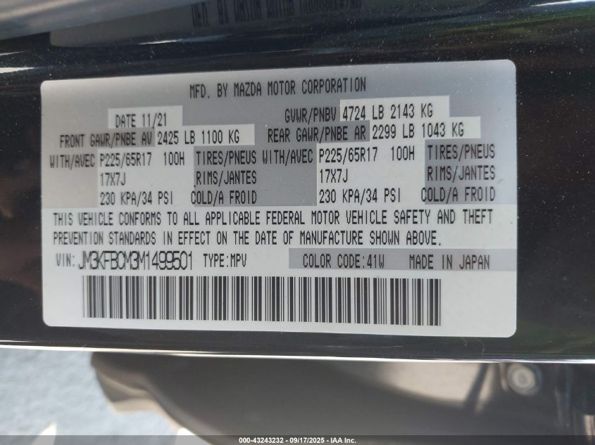 2021 Mazda Cx-5 Touring VIN: JM3KFBCM3M1499501 Lot: 43243232