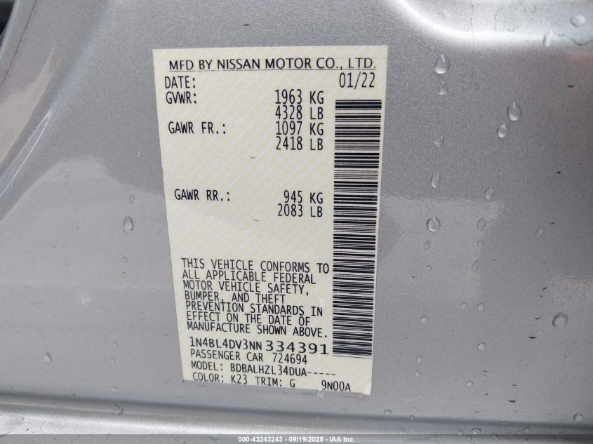 2022 Nissan Altima Sv Fwd VIN: 1N4BL4DV3NN334391 Lot: 43243243