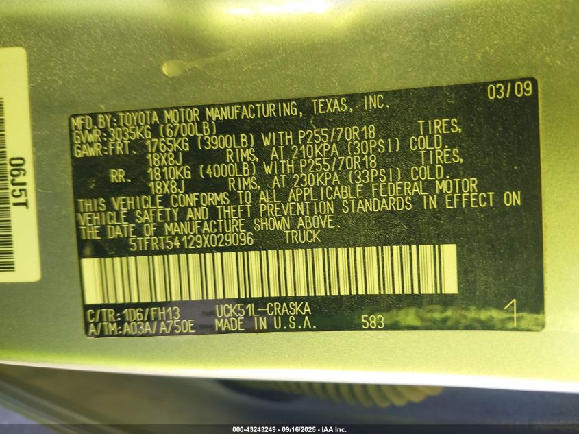 2009 Toyota Tundra Grade 4.7L V8 VIN: 5TFRT54129X029096 Lot: 43243249