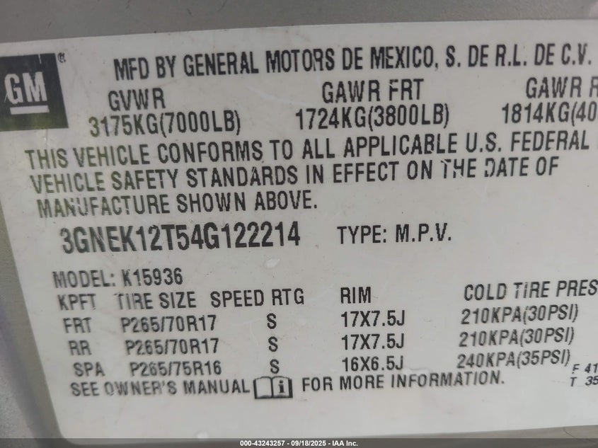 2004 Chevrolet Avalanche 1500 VIN: 3GNEK12T54G122214 Lot: 43243257