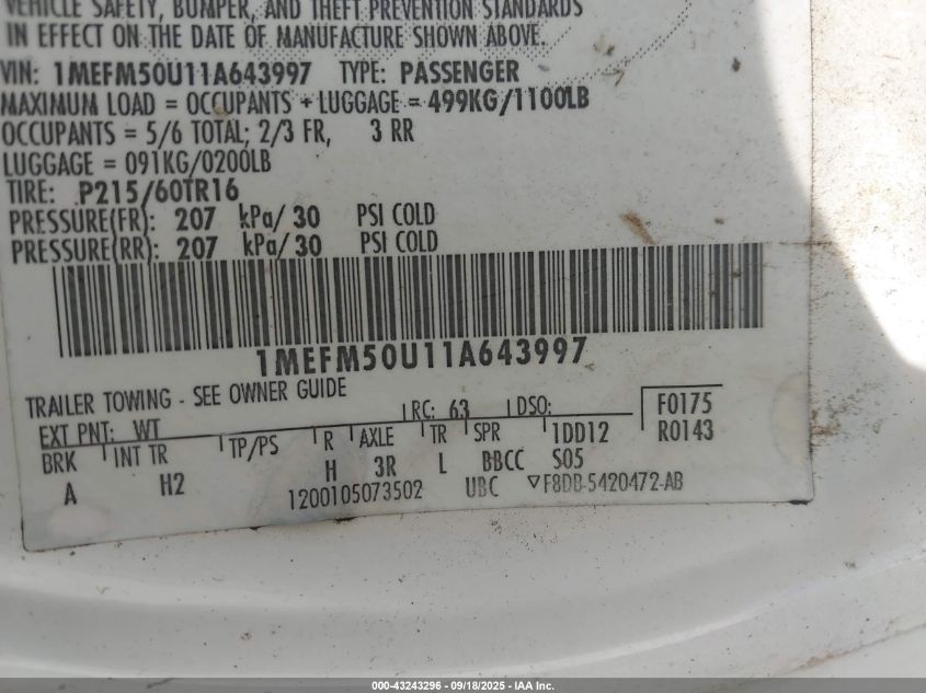2001 Mercury Sable Gs VIN: 1MEFM50U11A643997 Lot: 43243296