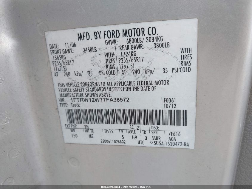 2007 Ford F-150 Xlt VIN: 1FTRW12W77FA38572 Lot: 43243304