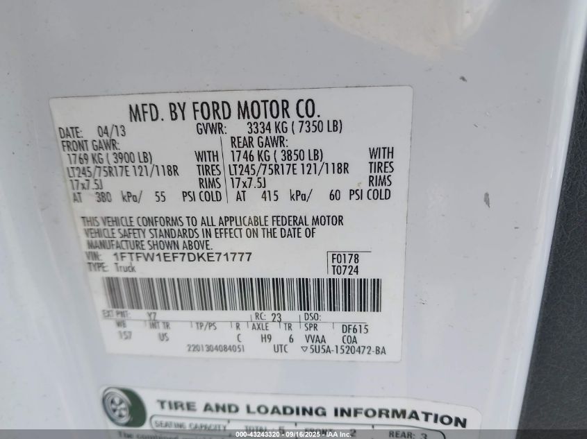 2013 Ford F-150 Xl VIN: 1FTFW1EF7DKE71777 Lot: 43243320