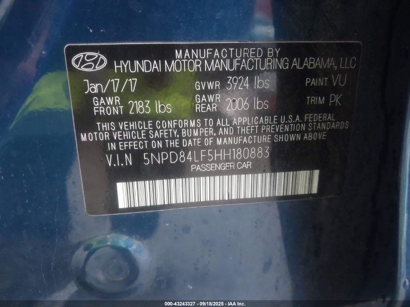 2017 Hyundai Elantra Se VIN: 5NPD84LF5HH180883 Lot: 43243327