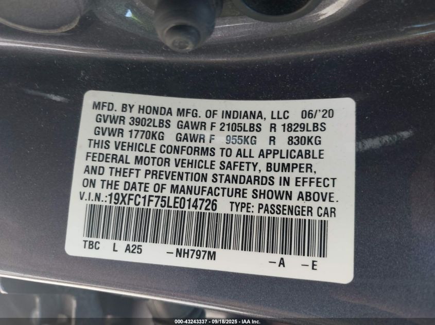 2020 Honda Civic Ex-L VIN: 19XFC1F75LE014726 Lot: 43243337