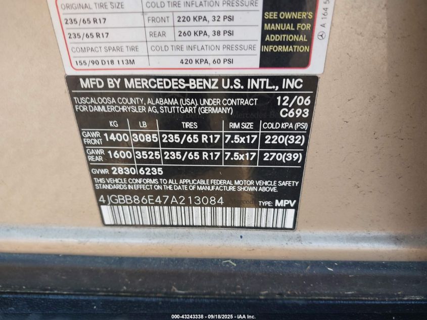 2007 Mercedes-Benz Ml 350 4Matic VIN: 4JGBB86E47A213084 Lot: 43243338