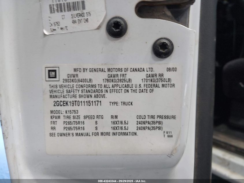 2001 Chevrolet Silverado 1500 Ls VIN: 2GCEK19T011151171 Lot: 43243344