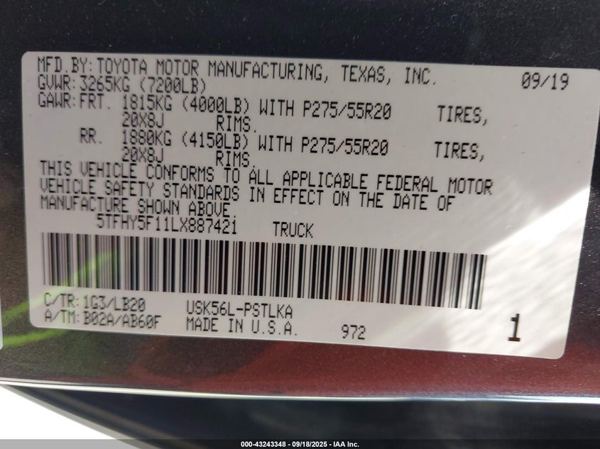 2020 TOYOTA TUNDRA LIMITED - 5TFHY5F11LX887421