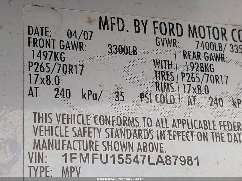 2007 Ford Expedition Xlt VIN: 1FMFU15547LA87981 Lot: 43243349