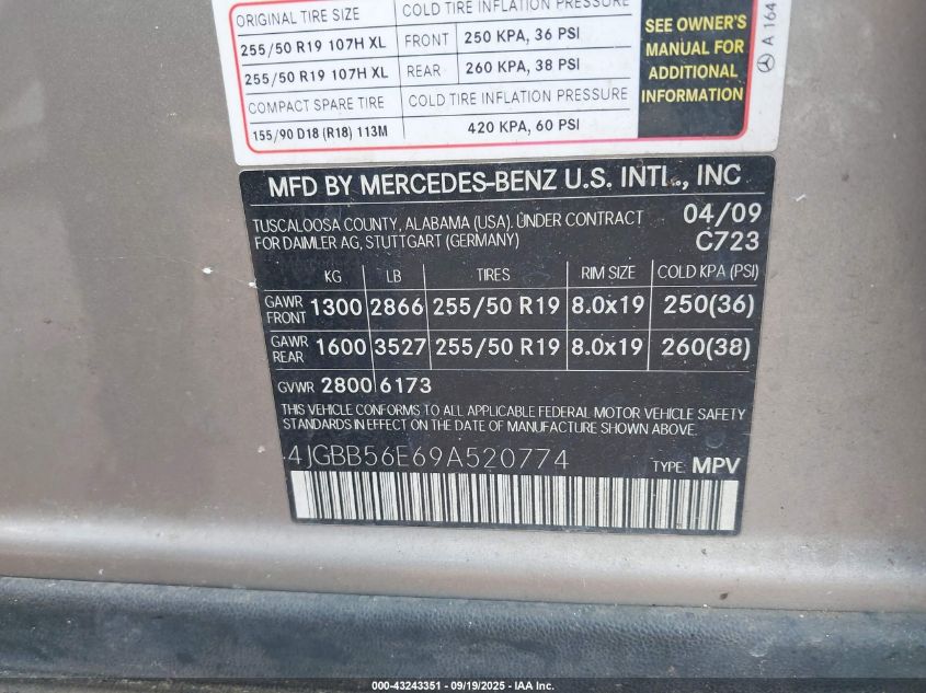 2009 Mercedes-Benz Ml 350 VIN: 4JGBB56E69A520774 Lot: 43243351