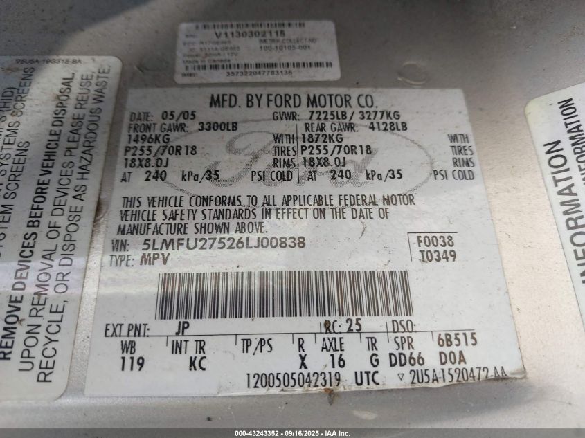 2006 Lincoln Navigator Luxury/Ultimate VIN: 5LMFU27526LJ00838 Lot: 43243352