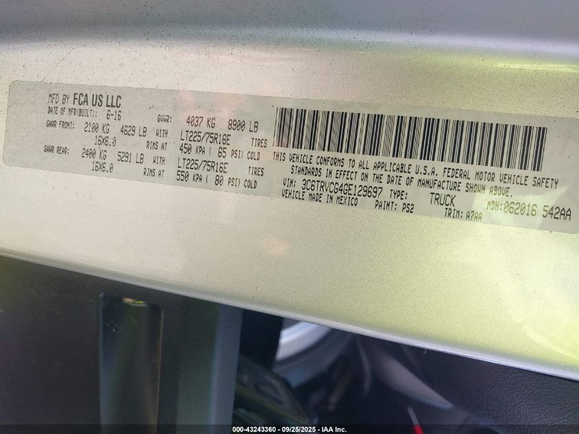 2016 Ram Promaster 2500 High Roof VIN: 3C6TRVCG4GE129697 Lot: 43243360