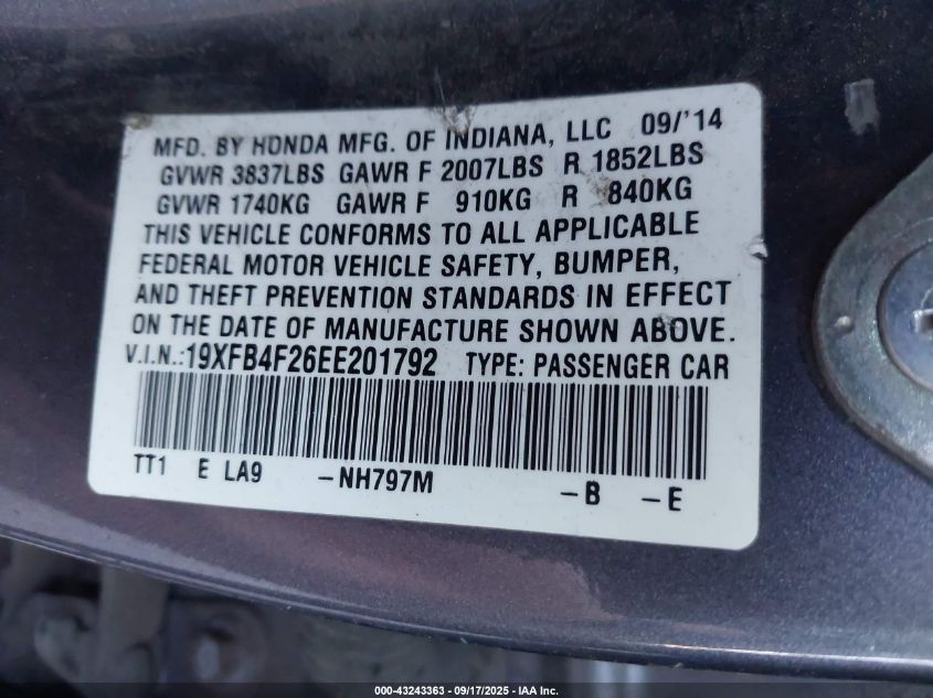 2014 Honda Civic Hybrid VIN: 19XFB4F26EE201792 Lot: 43243363