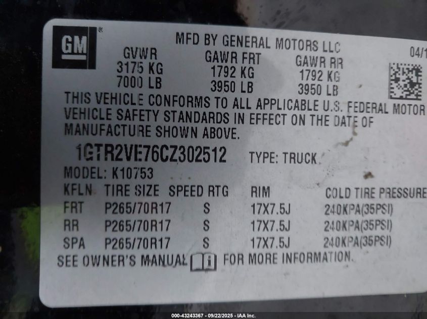 2012 GMC Sierra 1500 Sle VIN: 1GTR2VE76CZ302512 Lot: 43243367