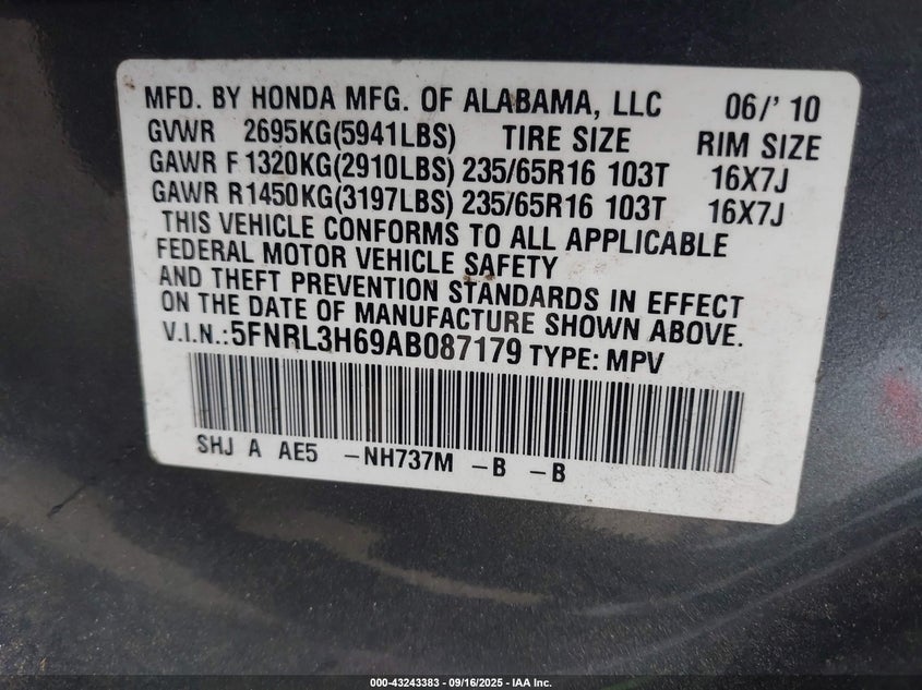 5FNRL3H69AB087179 2010 HONDA ODYSSEY photo no. 9