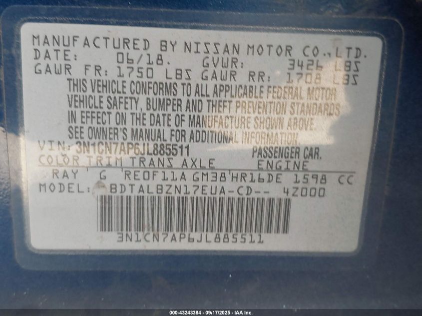 2018 Nissan Versa S/S Plus/Sv/Sl VIN: 3N1CN7AP6JL885511 Lot: 43243384