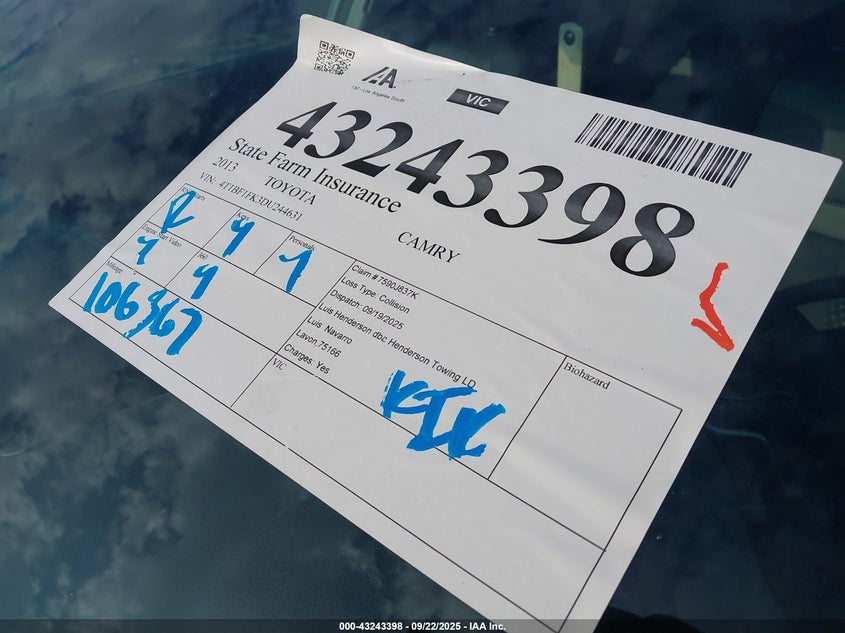 2013 Toyota Camry Se VIN: 4T1BF1FK3DU244631 Lot: 43243398