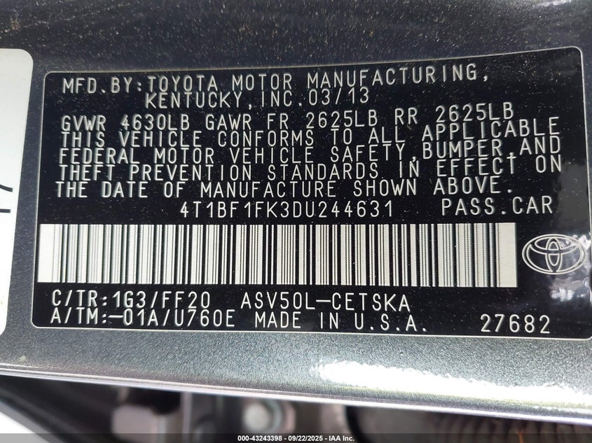 2013 Toyota Camry Se VIN: 4T1BF1FK3DU244631 Lot: 43243398