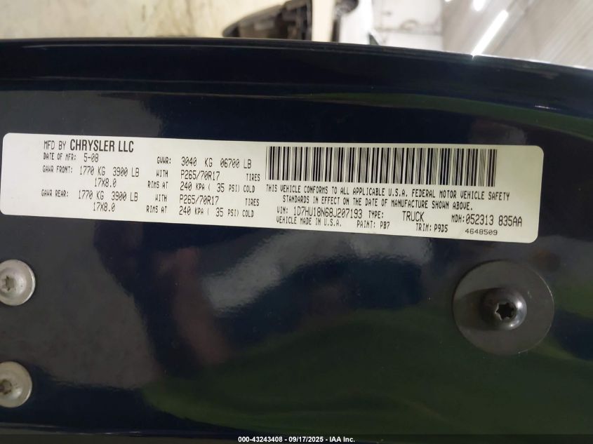 2008 Dodge Ram 1500 St/Sxt VIN: 1D7HU18N68J207193 Lot: 43243408