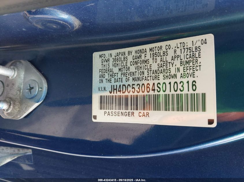 2004 Acura Rsx Type S VIN: JH4DC53064S010316 Lot: 43243415