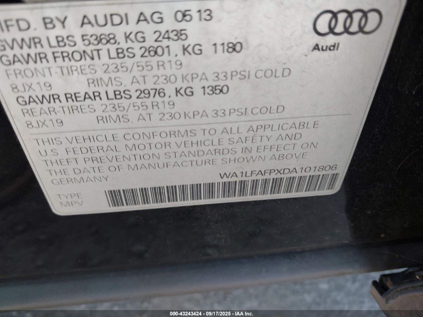 2013 Audi Q5 2.0T Premium VIN: WA1LFAFPXDA101806 Lot: 43243424