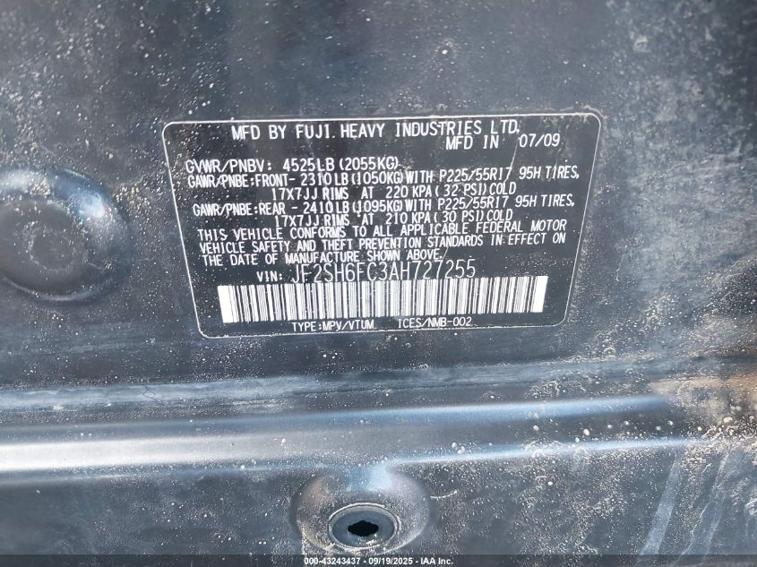 2010 Subaru Forester 2.5Xt Limited VIN: JF2SH6FC3AH727255 Lot: 43243437