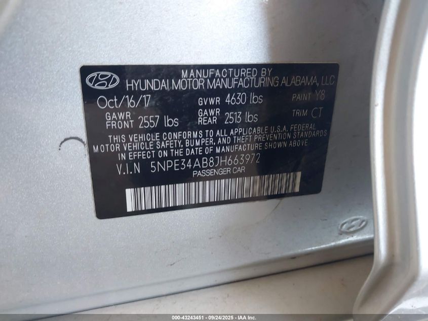 2018 Hyundai Sonata Limited 2.0T VIN: 5NPE34AB8JH663972 Lot: 43243451