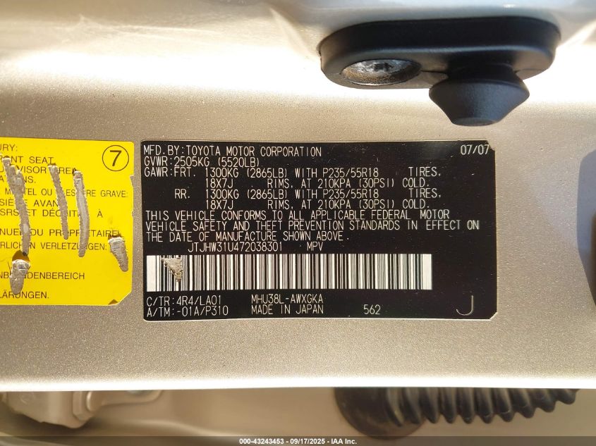 2007 Lexus Rx 400H VIN: JTJHW31U472038301 Lot: 43243453