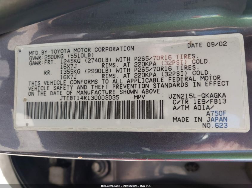 2003 Toyota 4Runner Sr5 Sport V8 VIN: JTEBT14R130003035 Lot: 43243458