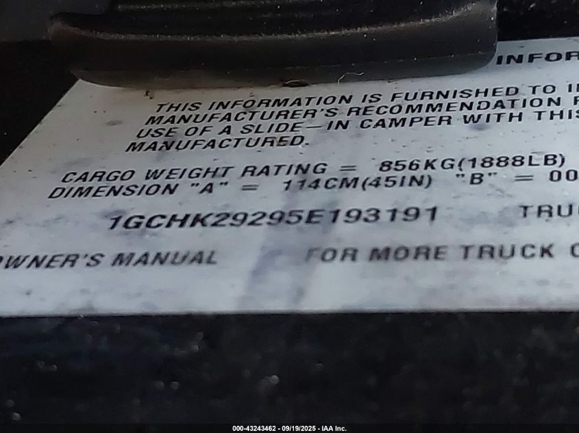 2005 Chevrolet Silverado 2500Hd Ls VIN: 1GCHK29295E193191 Lot: 43243462