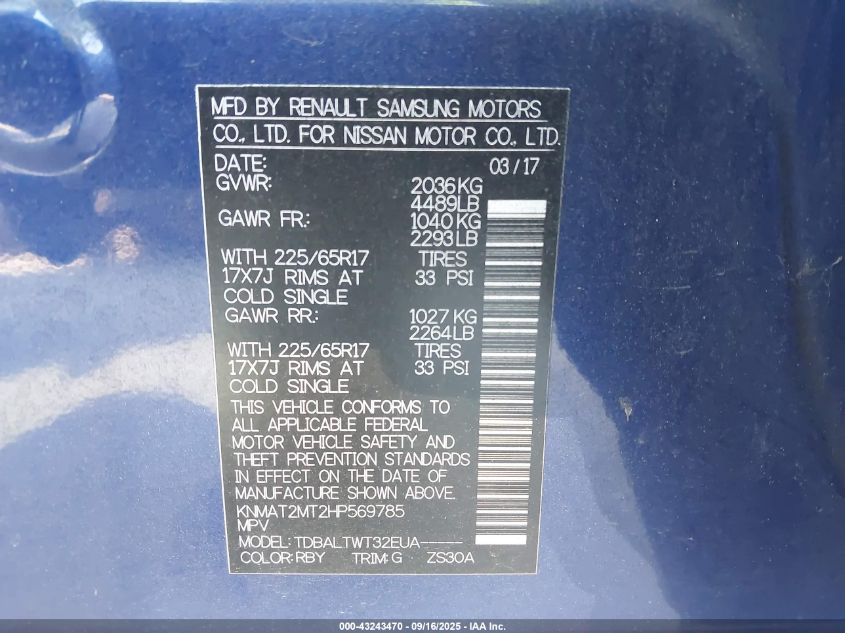 2017 Nissan Rogue Sv VIN: KNMAT2MT2HP569785 Lot: 43243470