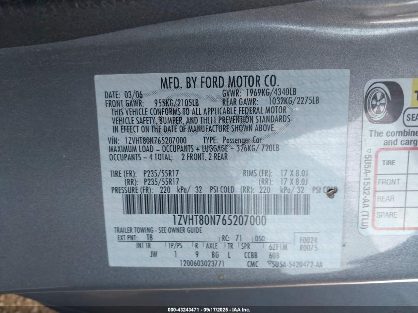 2006 Ford Mustang V6 VIN: 1ZVHT80N765207000 Lot: 43243471