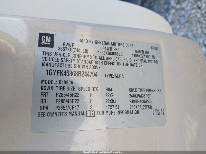 2008 Cadillac Escalade Esv Standard VIN: 1GYFK46868R244794 Lot: 43243490
