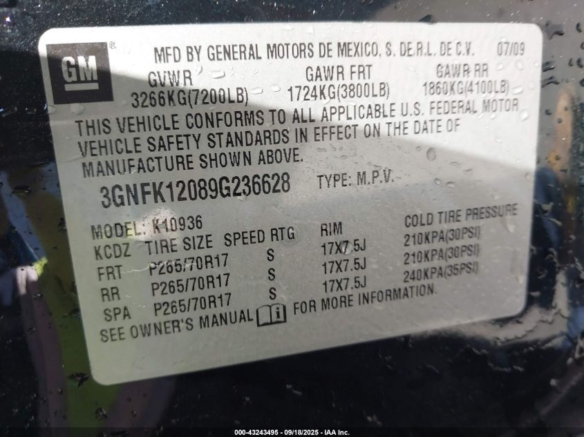 2009 Chevrolet Avalanche 1500 Ls VIN: 3GNFK12089G236628 Lot: 43243495