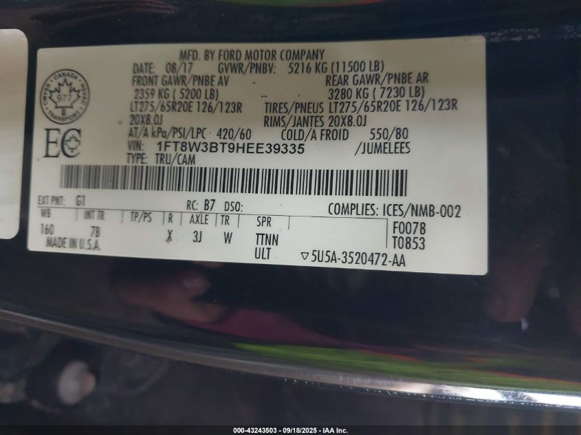 2017 Ford F-350 Platinum VIN: 1FT8W3BT9HEE39335 Lot: 43243503